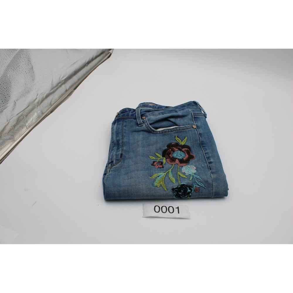 Seven7 Jeans Blue Mid Rise Skinny Floral Embroidered Raw Hem 12 Boho Floral